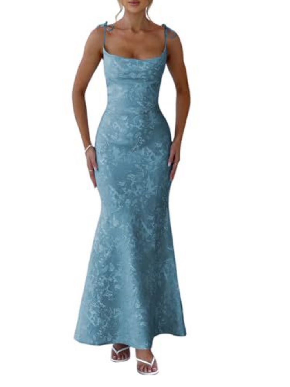 Dusty Blue Satin Floral Long Mermaid Dress